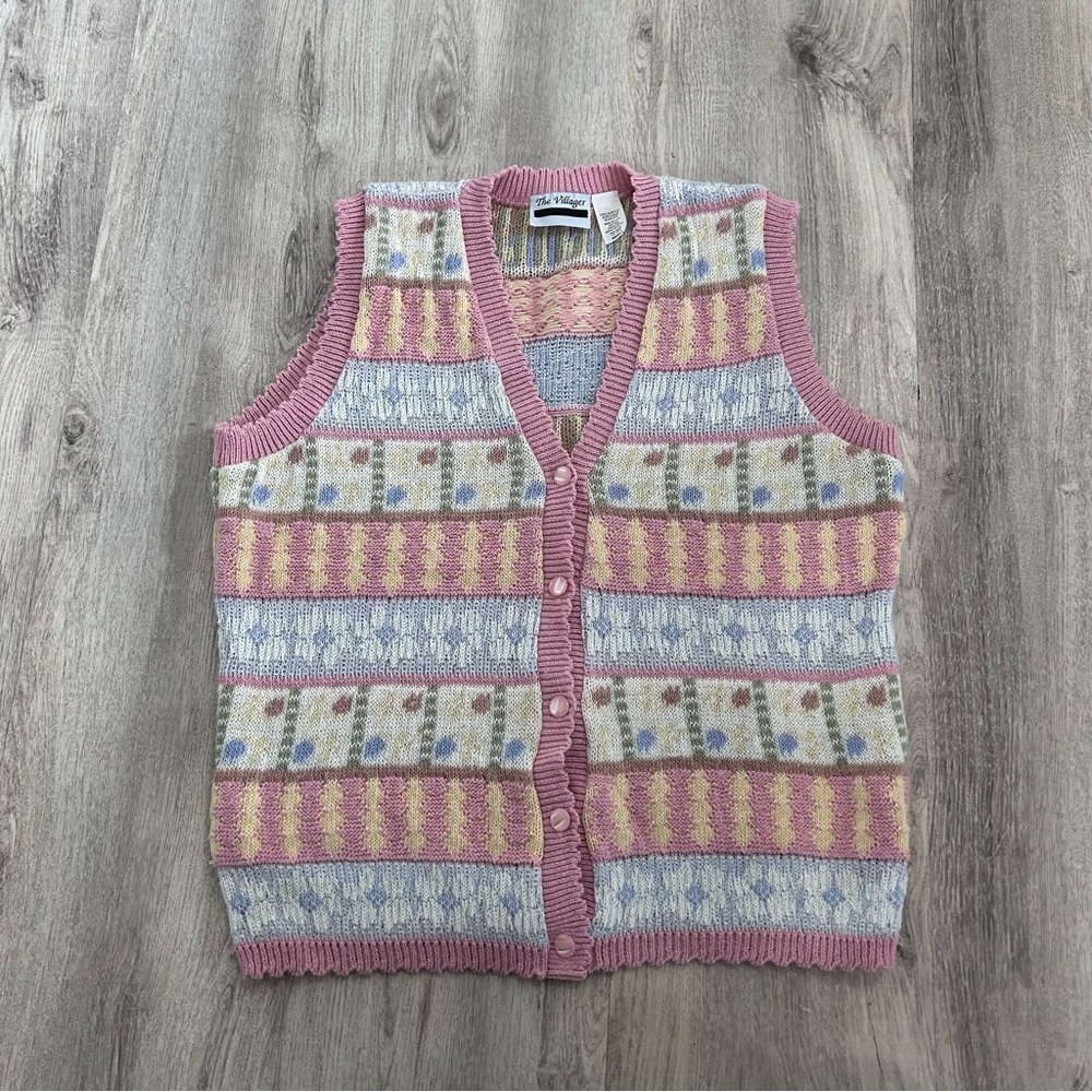 Vintage The Villager Embroidered Sweater Vest Womens S Grandma Cottage Pink